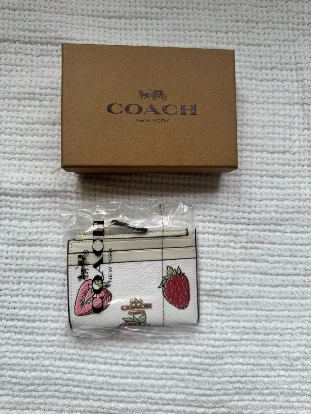 Coach White Strawberry Print ID Card Case with Gold Logo